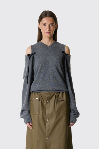 Simone Rocha Relaxed Cashmere Slash V-Neck Jumper W/Bow COMK9E 0667 Grey/Black