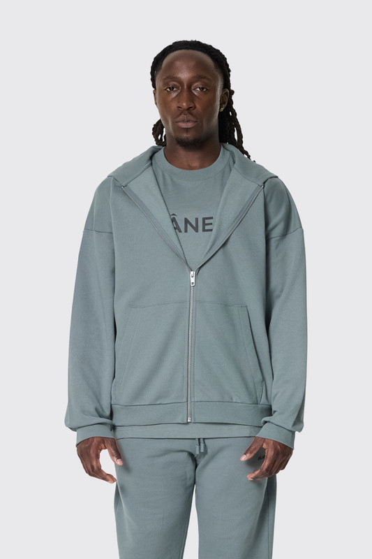 Flaneur Logo Zip-Up Hoodie Steel Green