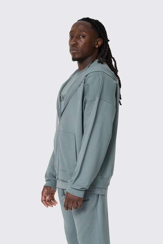 Flaneur Logo Zip-Up Hoodie Steel Green