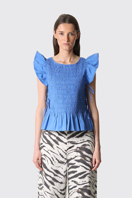 GANNI Stretch Cotton Angel Sleeve Smocked Top A1040422 591 Marina