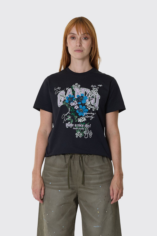GANNI Basic Cotton Relaxed T-Shirt Flower Print A1050331 Phantom 252