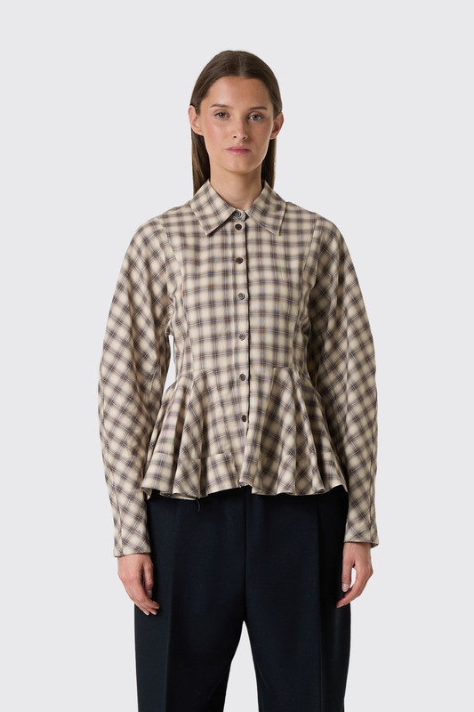GANNI Light Check Flannel Peplum Shirt A1140033 Oyster Gray 873