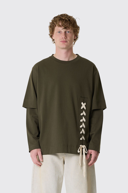 Simone Rocha Lace Up Hem Layered Long Sleeve T-Shirt 5478 0562 Khaki/Ecru