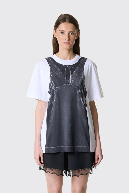 Simone Rocha Patchwork Satin Trompe "L'oeil Print T-shirt 5195P74 0569 White/Black