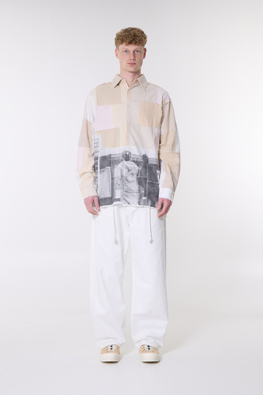 【SATIIIZ】Nekkid Patchwork Short Sleeve Shirt Kidsuper Patchwork Shirt Natural - Calico Club
