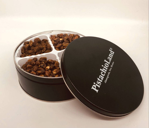 Candy sampler tin of our candied pistachios. No Sugar added cinnamon, Margarita-Lime, Cocoa, and Maple & Brown Sugar.