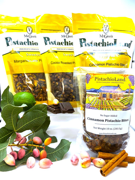 Our hand-crafted candied pistachios in Cocoa Roasted, Cinnamon Pistachio Bites, Margarita Lime  Pistachios in 10 oz. or 5 oz. bags. 