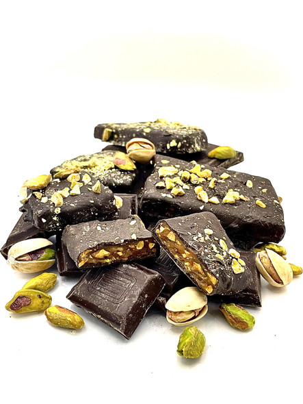 Delicious pistachio butter toffee covered with dark chocolate, salt and more pistachios!