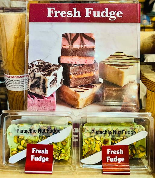 Delicious farm-made pistachio fudge. We only ship fudge Mon-Fri during the hot months and we add a $3 cold pack charge to the price.