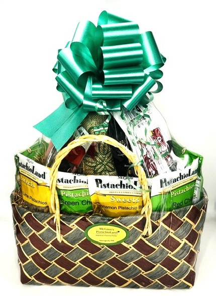 A BIG selection of our unique pistachio flavors in 4 oz. bags and our hand-crafted candy in 5 oz. bags in a reusable woven basket tote.