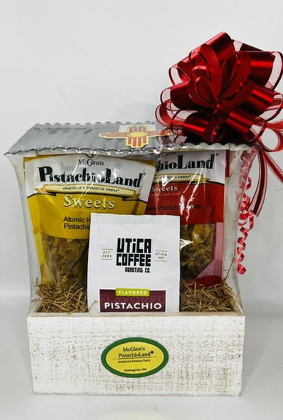 Warm n Cozy on a Hot Tin Roof is out wood crate with a tin roof and filled with our hand-crafted Brittles and Pistachio Coffee, and a NM Zia Decal.
