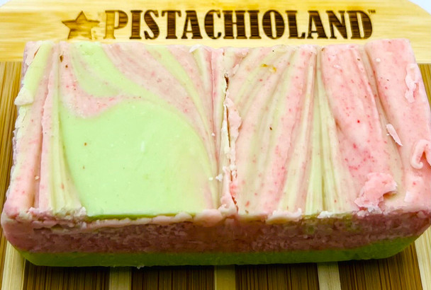 Delish! Raspberry fruit mash and pistachio flavor swirled together in a rich, buttery fudge. (8oz)1/2 lb. packaged in a recloseable package.