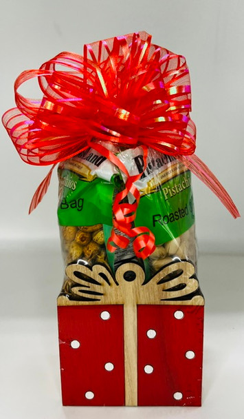 Wooden crate crafted in the shape of a gift box.