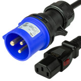 12FT (3.6m) IEC 60309 6H 2P+E Splashproof BLUE PLUG to C13 LOCKING 15A 250V BLACK