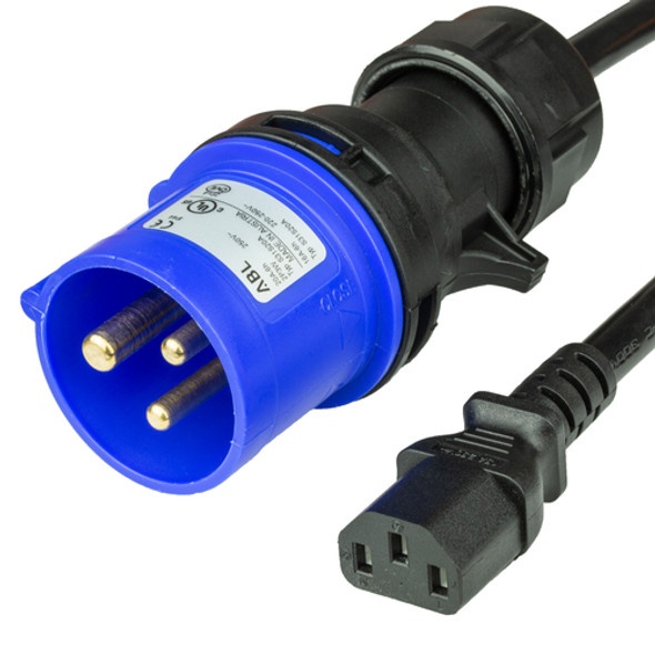 4FT (1.2m) IEC 60309 6H 2P+E Splashproof BLUE PLUG to C13 15A 250V BLACK