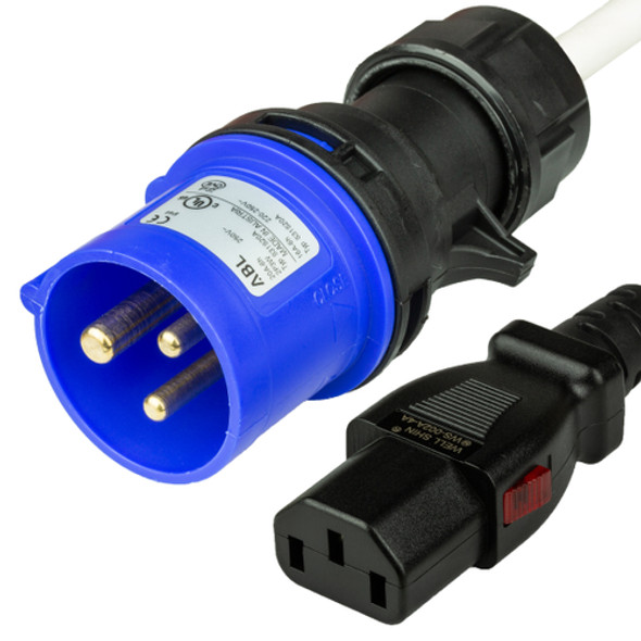 4FT IEC 60309 6H 2P+E Splashproof BLUE PLUG to C13 LOCKING 15A 250V WHITE Power Cord