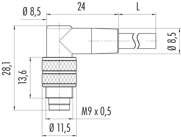 Binder 79-1451-272-03 M9 IP67 Male angled connector, Contacts: 3, unshielded, moulded on the cable, IP67, PUR, black, 3 x 0.25 mm², 2 m