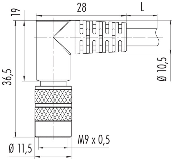 Binder 79-1405-72-03 M9 IP67 Male angled connector, Contacts: 3, shielded, moulded on the cable, IP67, PUR, black, 5 x 0.25 mm², 2 m