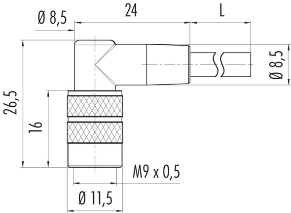 Binder 79-1452-275-03 M9 IP67 Female angled connector, Contacts: 3, unshielded, moulded on the cable, IP67, PUR, black, 3 x 0.25 mm², 5 m