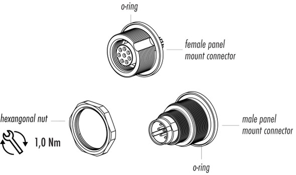 Binder 09-0411-80-04 M9 IP67 Male panel mount connector, Contacts: 4, unshielded, solder, IP67, front fastened