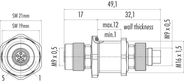 Binder 09-9618-100-05 M9 IP67 Lead-through for control cabinet, Contacts: 5, shieldable, pluggable, IP67