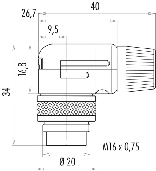 Binder 99-0133-10-02 M16 IP40 Male angled connector, Contacts: 2 (02-a), 4.0-6.0 mm, shieldable, solder, IP40