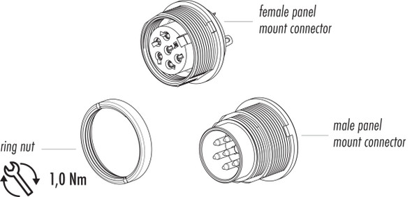 Binder 09-0323-89-06 M16 IP40 Male panel mount connector, Contacts: 6 (06-a), unshielded, solder, IP40, front fastened