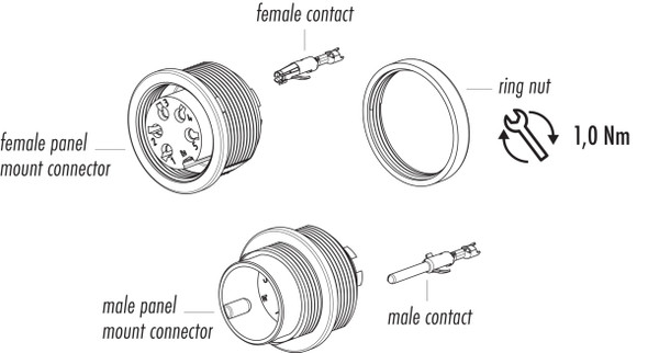 Binder 09-0311-700-04 M16 IP40 Male panel mount connector, Contacts: 4 (04-a), unshielded, crimping (Crimp contacts must be ordered separately), IP40