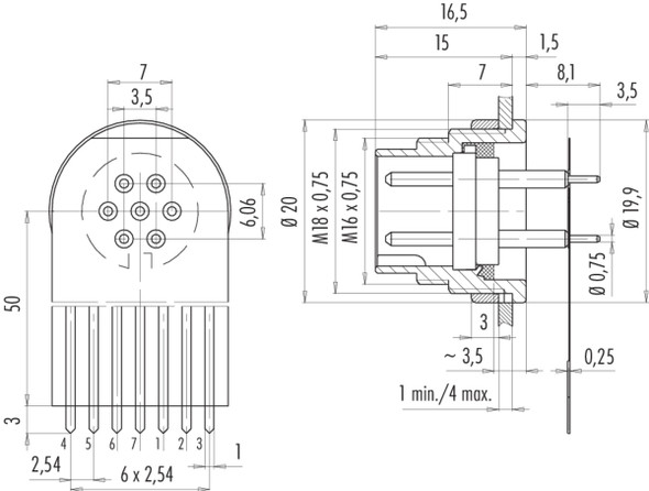 Binder 09-0327-65-07 M16 IP40 Male panel mount connector, Contacts: 7 (07-a), unshielded, THT, IP40, front fastened