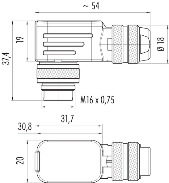 Binder 99-5609-750-04 M16 IP67 Male angled connector, Contacts: 4 (04-a), 6.0-8.0 mm, shieldable, crimping (Crimp contacts must be ordered separately), IP67, UL