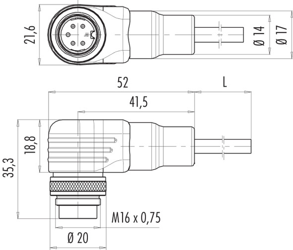 Binder 79-6271-200-08 M16 IP67 Male angled connector, Contacts: 8 (08-a), unshielded, moulded on the cable, IP67, PUR, black, 8 x 0.25 mm², 2 m