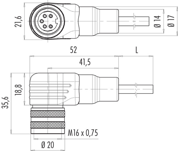 Binder 79-6272-200-08 M16 IP67 Female angled connector, Contacts: 8 (08-a), unshielded, moulded on the cable, IP67, PUR, black, 8 x 0.25 mm², 2 m