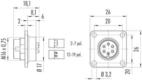 Binder 09-0103-300-02 M16 IP67 Square male panel mount connector, Contacts: 2 (02-a), unshielded, solder, IP67, UL