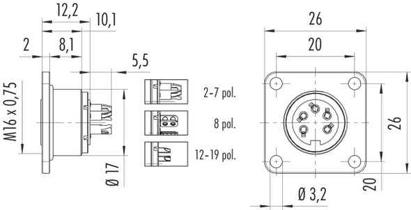 Binder 09-0104-300-02 M16 IP67 Square female panel mount connector, Contacts: 2 (02-a), unshielded, solder, IP67, UL