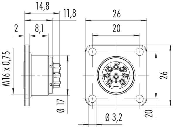 Binder 09-0116-370-05 M16 IP67 Square female panel mount connector, Contacts: 5 (05-a), unshielded, crimping (Crimp contacts must be ordered separately), IP67, UL