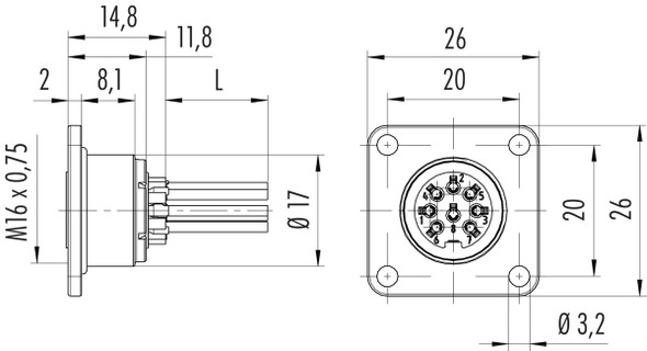 Binder 09-0116-320-05 M16 IP67 Female panel mount connector, Contacts: 5 (05-a), unshielded, single wires, IP67, UL