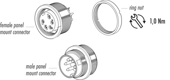 Binder 09-0103-00-02 M16 IP67 Male panel mount connector, Contacts: 2 (02-a), unshielded, solder, IP67, UL