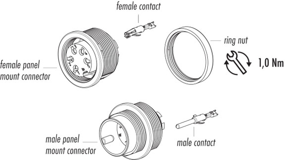 Binder 09-0111-700-04 M16 IP67 Male panel mount connector, Contacts: 4 (04-a), unshielded, crimping (Crimp contacts must be ordered separately), IP67, UL