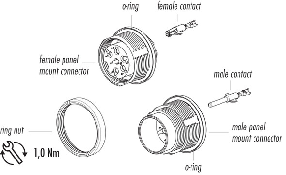 Binder 09-0115-780-05 M16 IP67 Male panel mount connector, Contacts: 5 (05-a), unshielded, crimping (Crimp contacts must be ordered separately), IP67, UL, front fastened