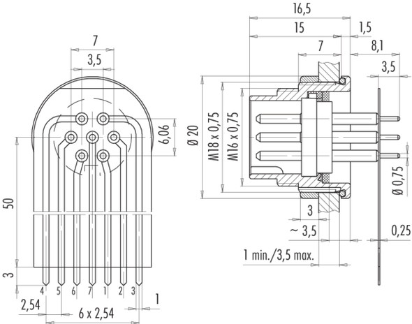 Binder 09-0127-65-07 M16 IP67 Male panel mount connector, Contacts: 7 (07-a), unshielded, THT, IP67, front fastened