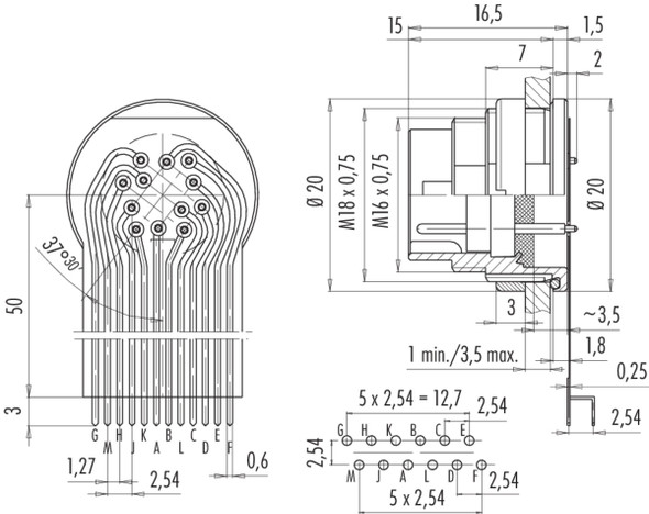 Binder 09-0131-68-12 M16 IP67 Male panel mount connector, Contacts: 12 (12-a), unshielded, THT, IP68, AISG compliant, front fastened