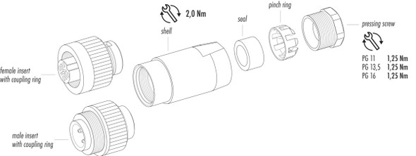 Binder 99-0213-110-07 RD24 Male cable connector, Contacts: 6+PE, 8.0-10.0 mm, unshielded, solder, IP67, PG 11