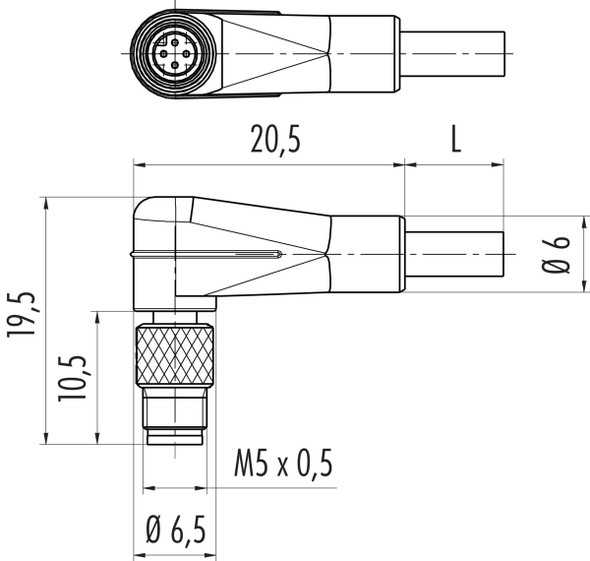 Binder 77-3457-0000-50004-0200 M5 Male angled connector, Contacts: 4, unshielded, moulded on the cable, IP67, UL, M5x0,5, PUR, black, 4 x 0.25 mm², 2 m