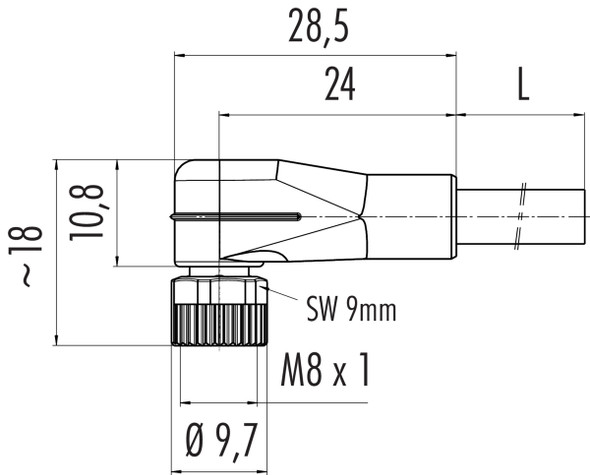 Binder 77-3403-0000-50008-0500 M8 Male angled connector, Contacts: 8, unshielded, moulded on the cable, IP67, UL, PUR, black, 8 x 0.25 mm², 5 m