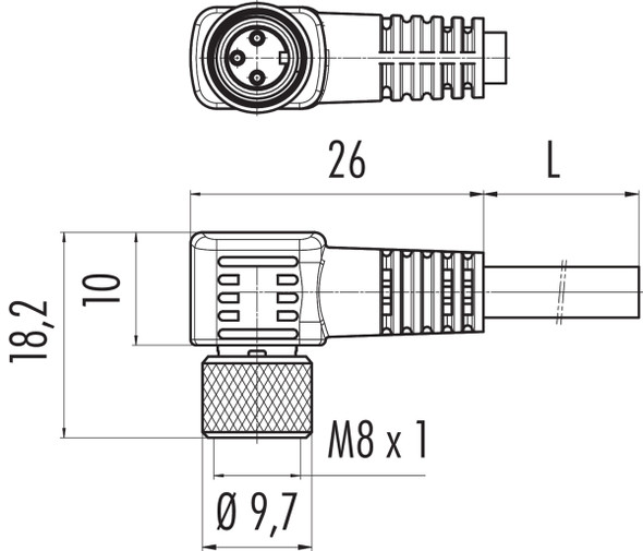 Binder 77-3508-0000-50003-0200 M8 Female angled connector, Contacts: 3, shielded, moulded on the cable, IP67, UL, PUR, black, 3 x 0.34 mm², 2 m