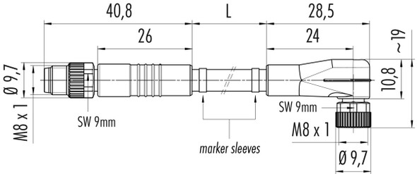 Binder 77-3408-3405-20003-0100 M8 Connecting cable male cable connector - female angled connector, Contacts: 3, unshielded, moulded on the cable, IP67/IP69K, UL, PVC, grey, 3 x 0.34 mm², 1 m