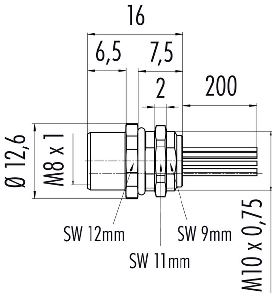 Binder 76-6218-1118-00012-0200 M8 Female panel mount connector, Contacts: 12, unshielded, single wires, IP67, UL, M10x0,75