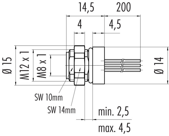 Binder 76-6518-1118-00012-0200 M8 Female panel mount connector, Contacts: 12, unshielded, single wires, IP67/IP69K, UL, M12x1,0, front fastened