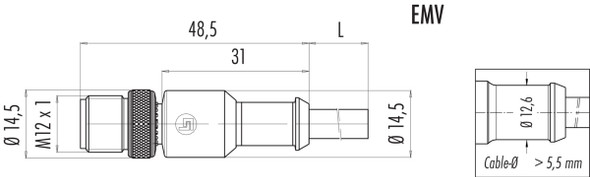 Binder 77-3529-0000-20705-1000 M12-A Male cable connector, Contacts: 5, shielded, moulded on the cable, IP67, UL, PVC, grey, 5 x 0.25 mm², 10 m