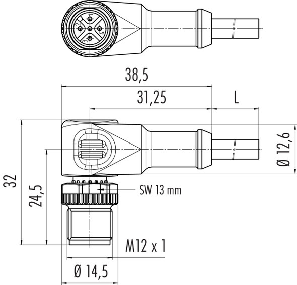 Binder 77-3427-0000-80204-0200 M12-A Male angled connector, Contacts: 4, unshielded, moulded on the cable, IP68, UL, PUR, black, 4 x 0.34 mm², for welding applications, 2 m